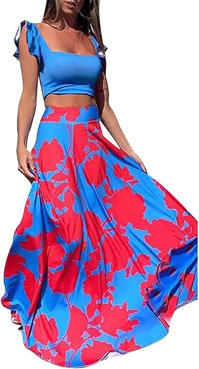 Vakkest Womens Summer Sexy 2 Pieces Outfits Ruffle Floral Tank Top Wrap Boho Tropical Long Skirt ... | Amazon (US)