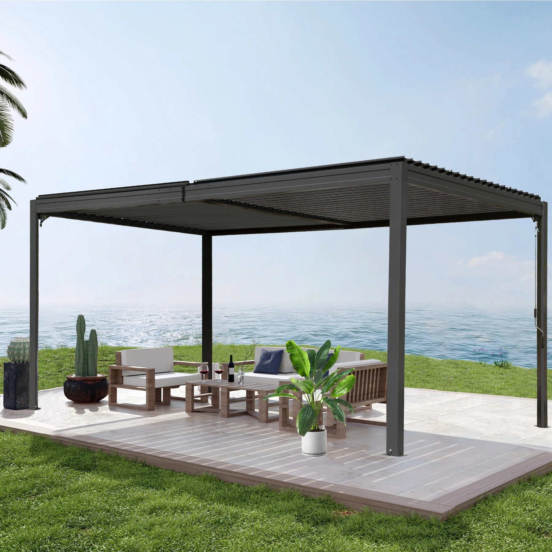 16 ft. W x 10 ft. D Outdoor Aluminum Pergola with Louvered Roof | Wayfair North America