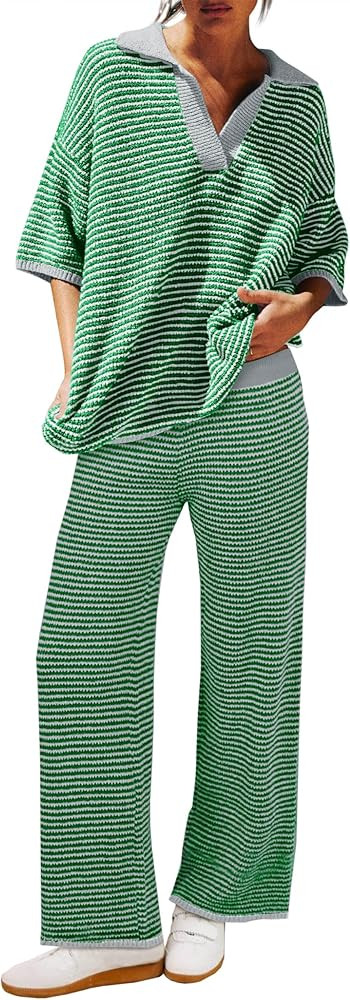 Tankaneo Womens Sweater Set Striped 2 Piece Outfits Oversized 3/4 Sleeve V Neck Knit Tops Wide Le... | Amazon (US)