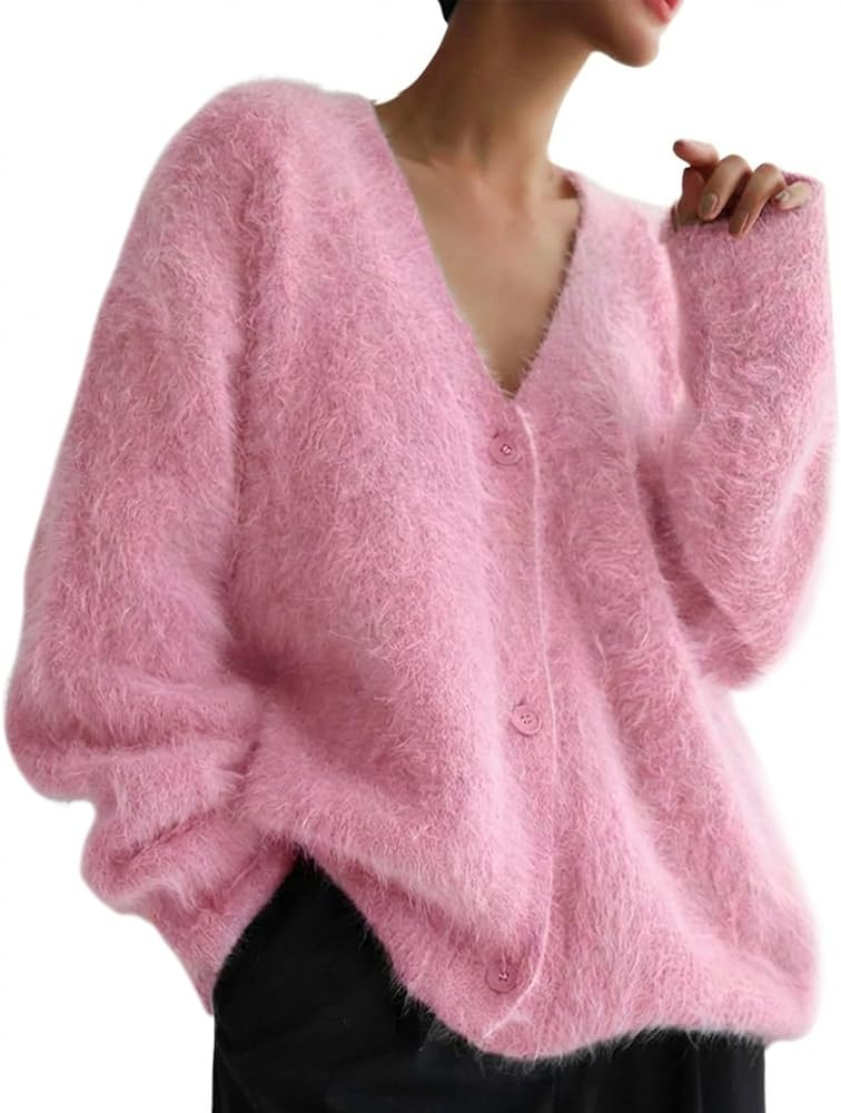 Yimoon Womens Fuzzy Cardigan Sweater V Neck Long Sleeve Button Down Slouchy Furry Knit Sweaters 2... | Amazon (US)