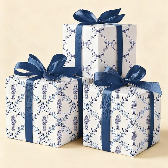 FYSUIMU 8 Sheets Christmas Nutcracker Wrapping Paper - Not Roll - Blue Nutcracke Bow Chinoiserie ... | Amazon (US)