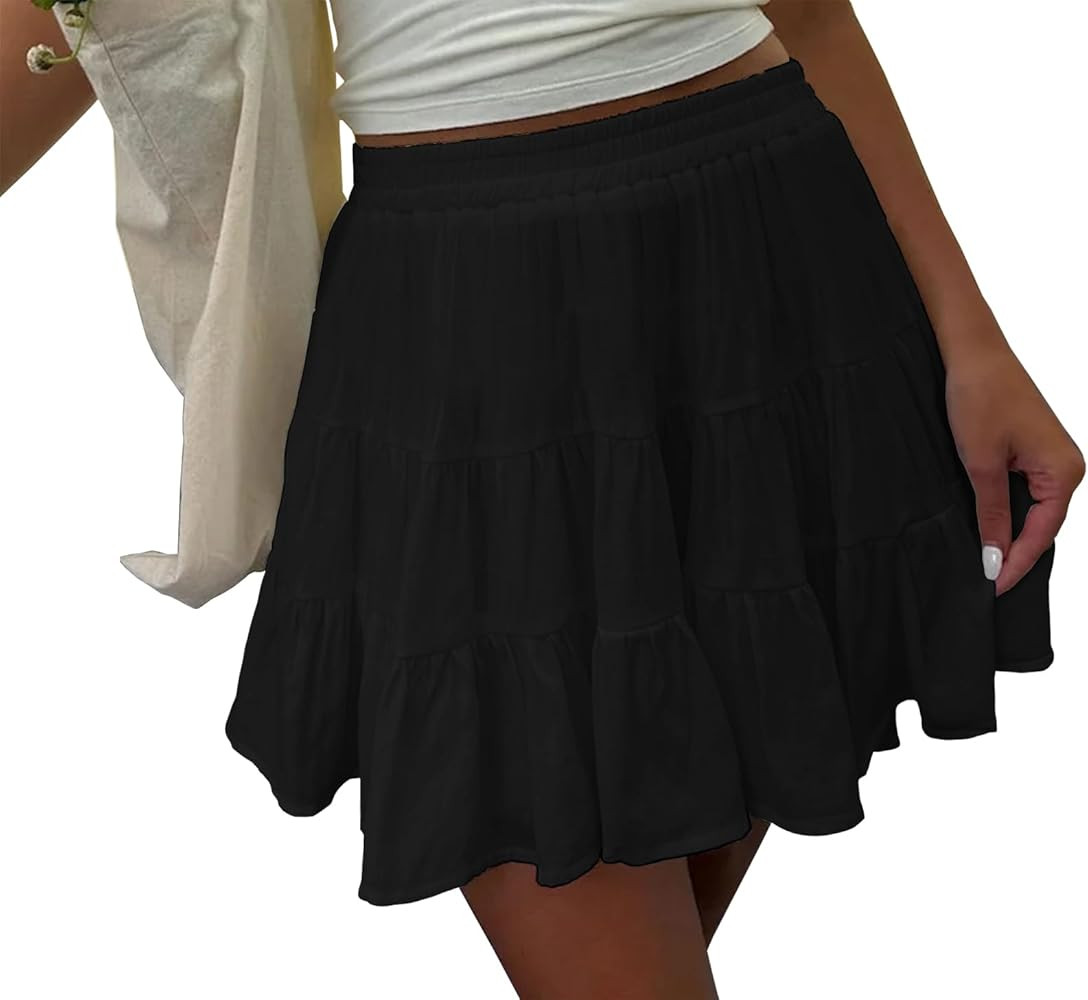 Tsher Women's High Elastic Waist Ruffle Casual Boho A-line Mini Skirts 0328 | Amazon (US)