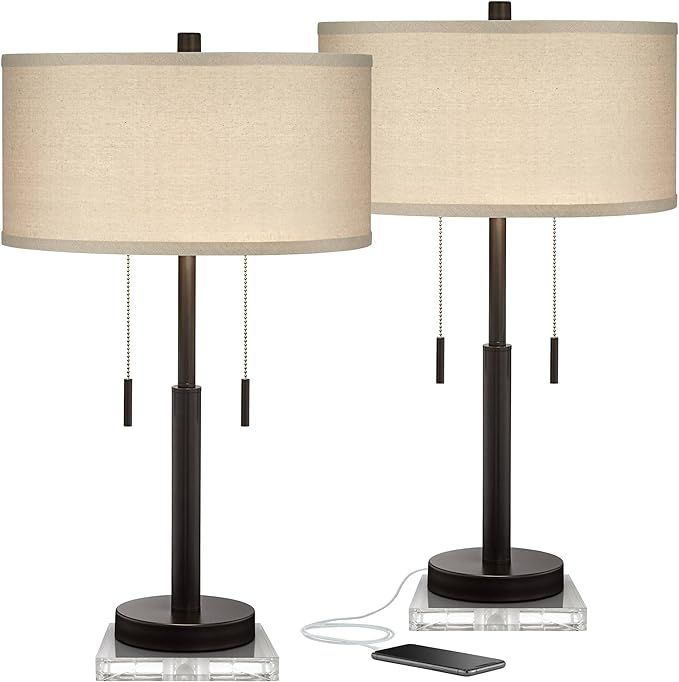 Bernie Modern Farmhouse Table Lamps 29" Tall Set of 2 with Square Risers USB Port Outlets Bronze ... | Amazon (US)