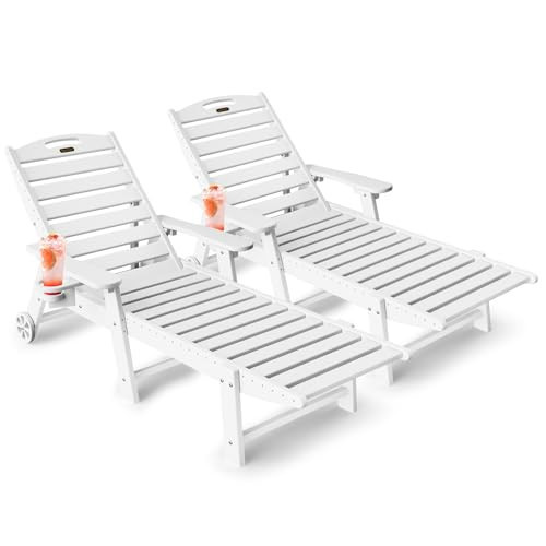 SUUNYN Lounge Chair Outdoor Set of 2, HDPE Chaise Lounge Chair Outdoor with 6-Position & Wheels &Cup Holder, Pool Lounge Chair for Pool Poolside Deck Backyard Patio, White | Amazon (US)