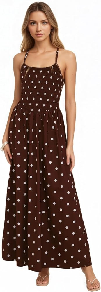 OCUH Polka Dot Dress Spaghetti Strap Maxi Dress Flowy Swing Beach Vacation Backless Long Sundress... | Amazon (US)