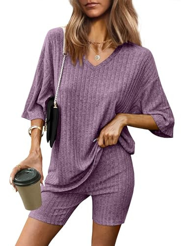 AGSEEM Summer Outfits for Women 2024 Trendy 2 Piece Casual Womens Lounge Set Purple S | Amazon (US)