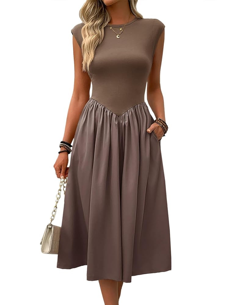 Imily Bela Womens Casual Cap Sleeve Midi Dress Crewneck Swing Flowy Empire Waist Long Dress 2025 ... | Amazon (US)