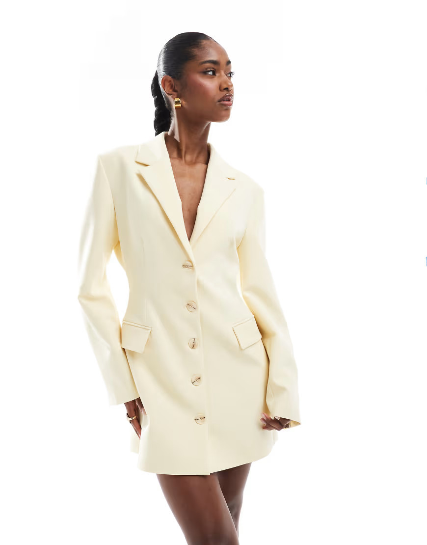 ASOS DESIGN cinch waist blazer dress in buttermilk-Yellow | ASOS (Global)