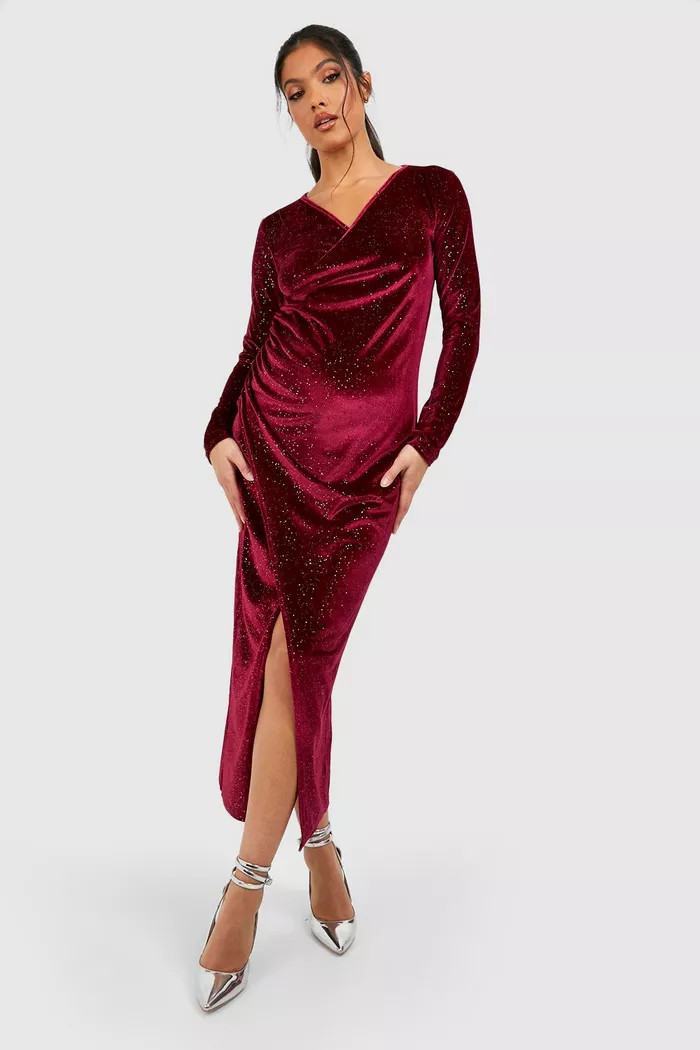 Maternity Wrap Over Velvet Midaxi Dress | boohoo (US & Canada)
