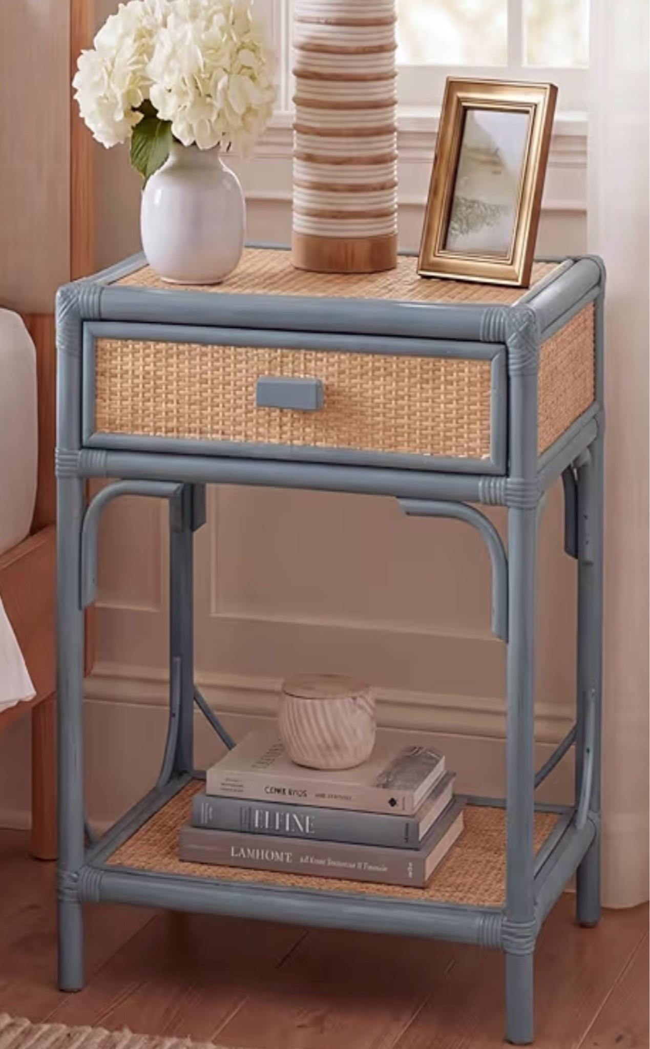 Roya Blue Grey & Natural Nightstand with Drawer & Shelf, Coastal Accent Table, Bamboo-Style Frame & Rattan Drawer

#LTKHome