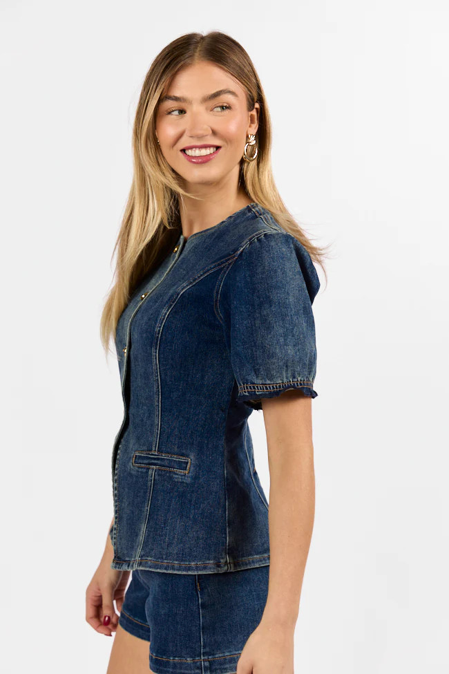 Come As You Are Dark Wash Puff Sleeve Denim Button Down Blouse | Pink Lily