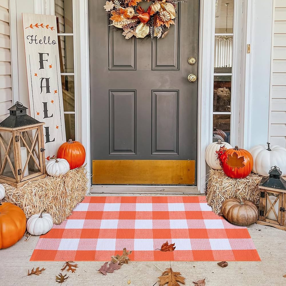 Fall Outdoor Orange and White Plaid Rug - 28 x 43 Inches Cotton Hand-Woven Checked Rug Layered Do... | Amazon (US)