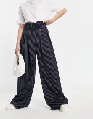 River Island pinstripe pleat wide leg pants in navy | ASOS (Global)