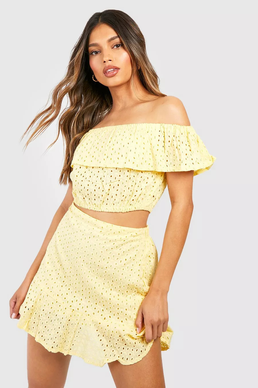 Broiderie Anglaise Off Shoulder& Skirt Co-ord | Boohoo.com (UK & IE)