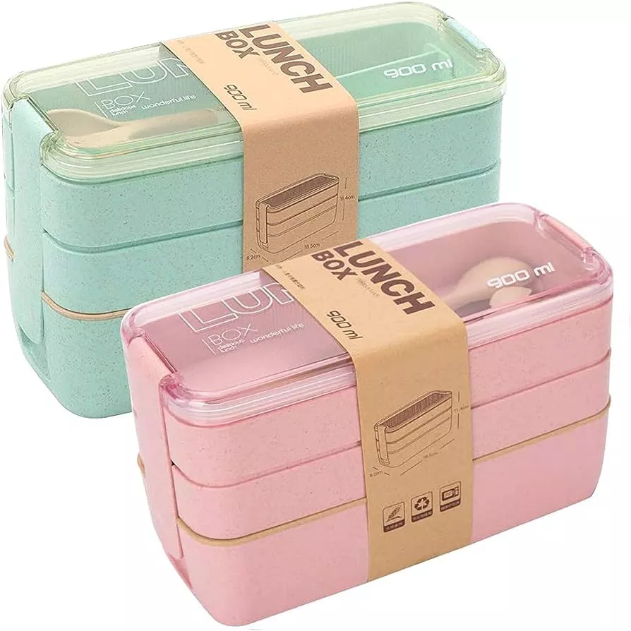 3 Pack Stackable Bento Box Adult Japanese Lunch Box Kit with Spoon