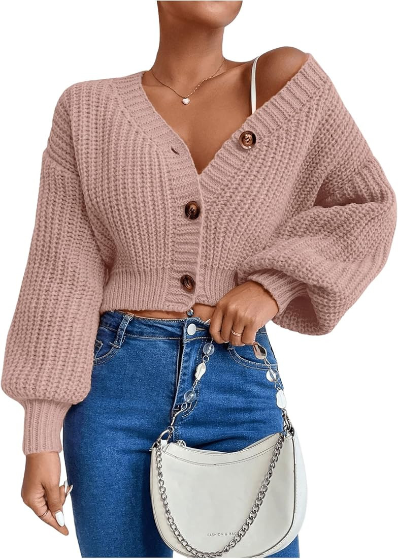 GORGLITTER Women's Button Up Cropped Cardigan Sweaters Chunky Long Sleeve V Neck Fall Coquette Ca... | Amazon (US)