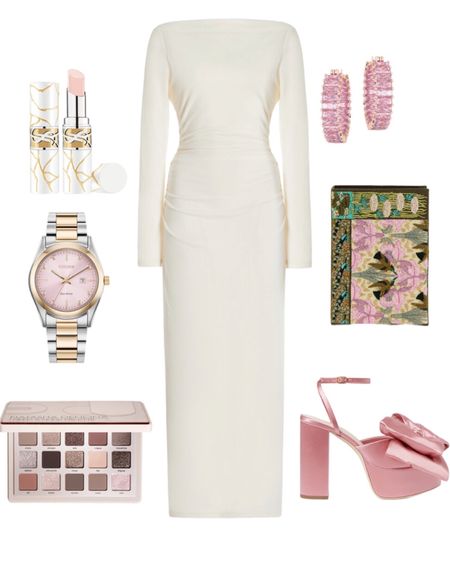 Loving this holiday glam and winter special occasion look. This ivory dress pairs perfectly with this pink bow platform heels, women’s watch (my fave), and this statement clutch and earrings. 

💄 MAKEUP TIP: Pull the whole look together with the Natasha Denona “I Need a Nude” eyeshadow palette and YSL lipstick.  

#LTKbeauty #LTKparties #LTKSeasonal