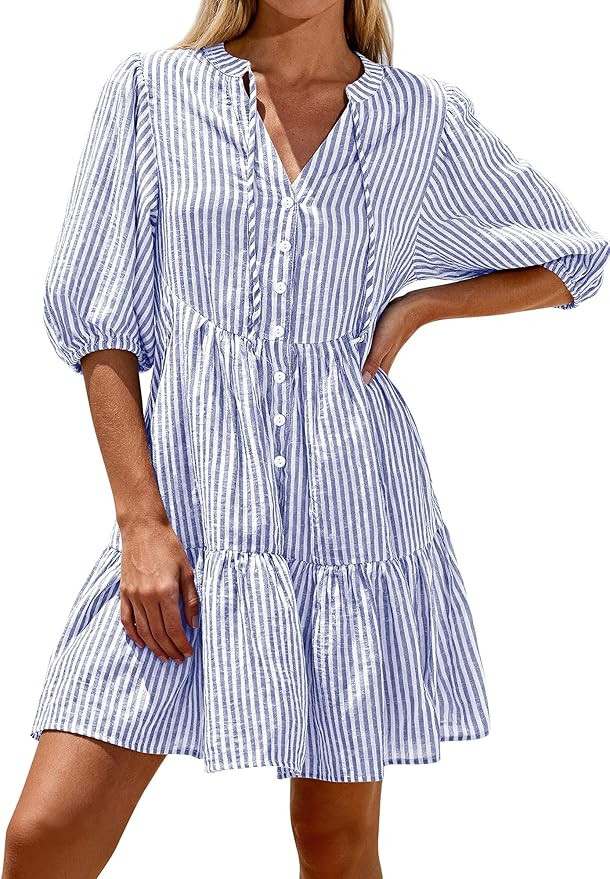BTFBM Womens Summer Dresses 2026 Striped Mini Dress Half Sleeve Button Down Casual Flowy Beach Va... | Amazon (US)