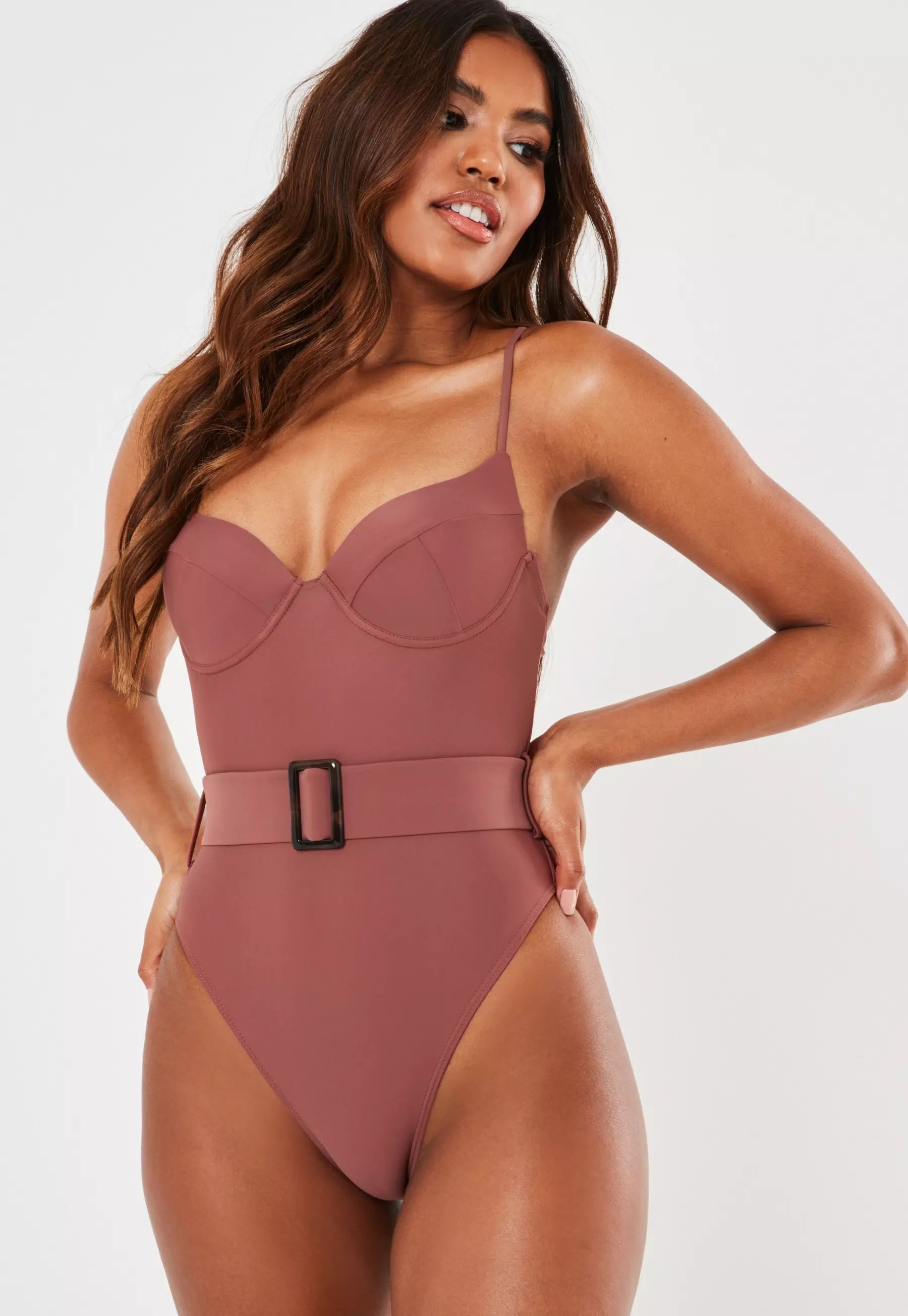 Mocha Belted High Leg Swimsuit | Missguided (US & CA)
