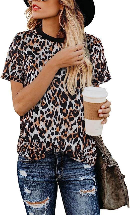 Youdiao Women’s Casual V Neck Leopard Print Tops Summer Cute Shirts Basic Short Sleeve Tees Blo... | Amazon (US)