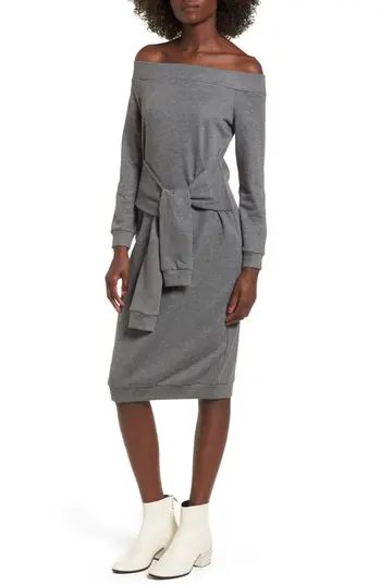 Women's Soprano Tie Front Off The Shoulder Sweatshirt Dress, Size Medium - Grey | Nordstrom