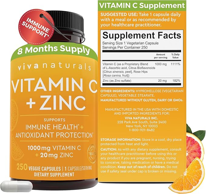 Viva Naturals Vitamin C and Zinc Supplement (250 Capsules) - 1000 mg Vitamin C with Zinc 20 mg An... | Amazon (US)