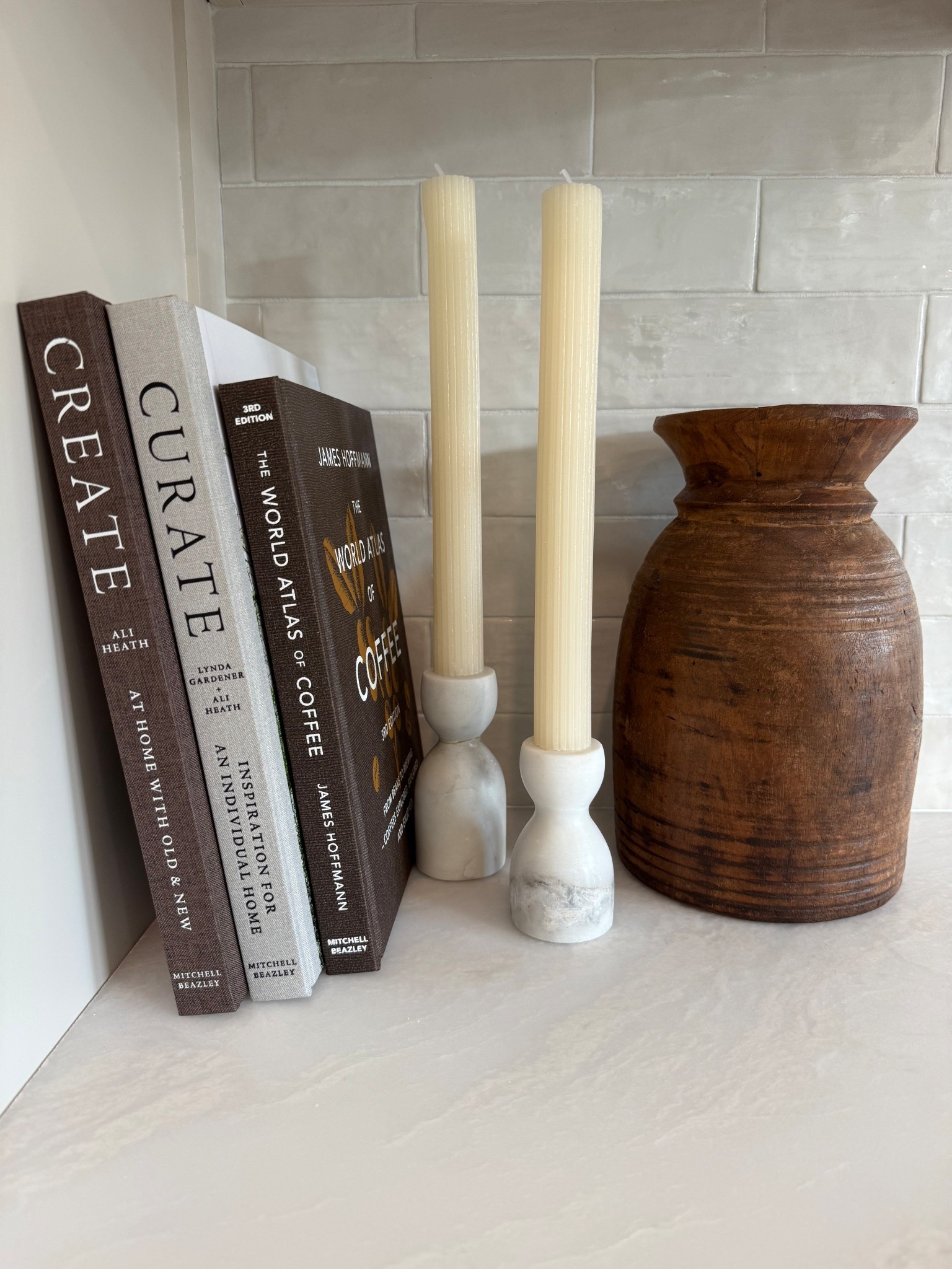 Kitchen counter decor. Books. Candlesticks. Candlestick holders. Wood vase  

#LTKHome