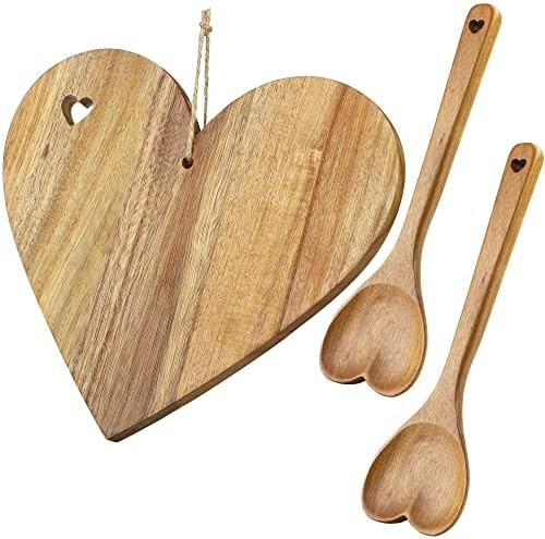 Shojoy Valentine's Day Heart Shaped Wood Cutting Board with 2 Big Wood Spoons 13.7 x 11.8 Inch Se... | Amazon (US)