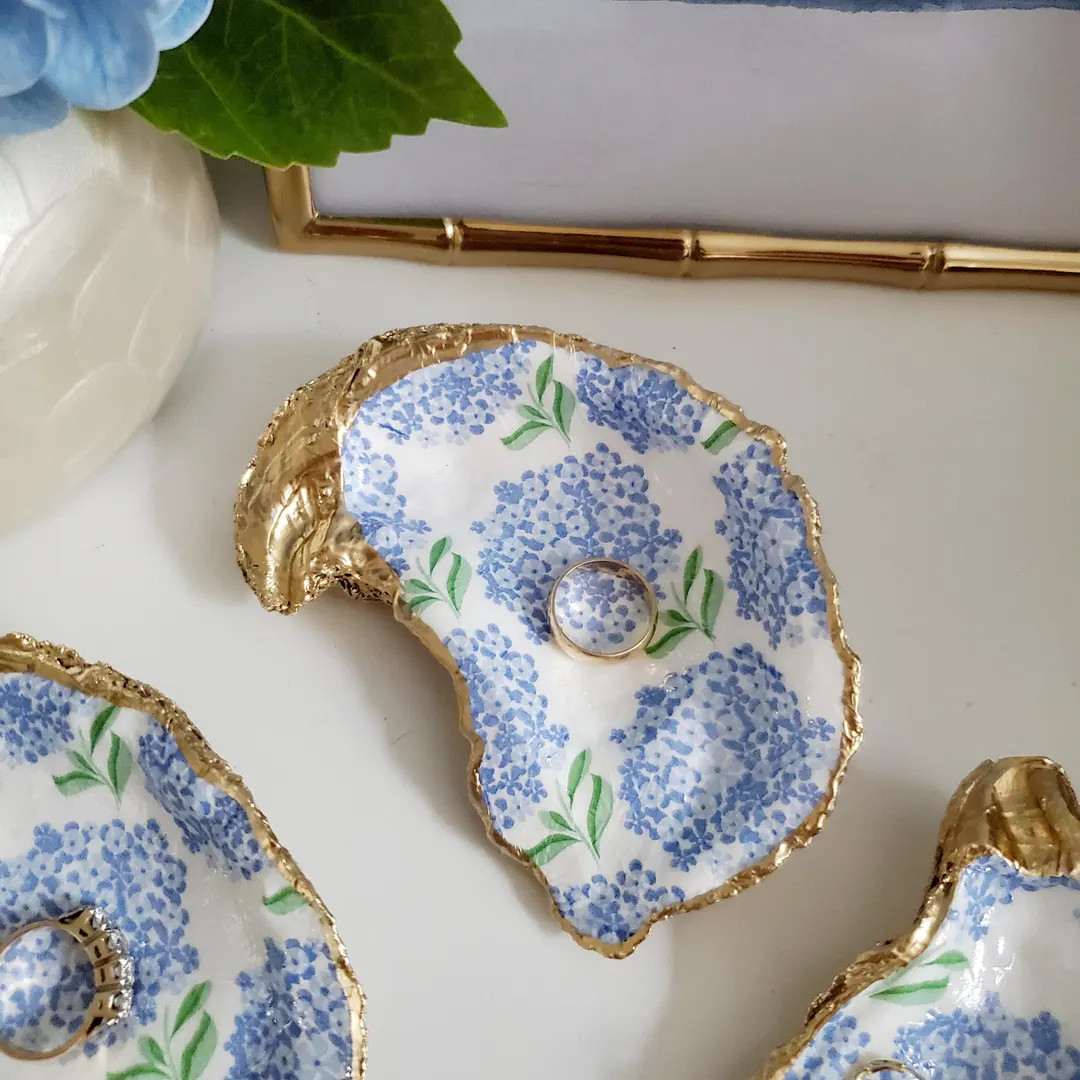 NANTUCKET SUMMER- Blue Hydrangea Oyster Shell Ring Dish, Engagement Gift, Bridesmaid favors, Prop... | Etsy (US)