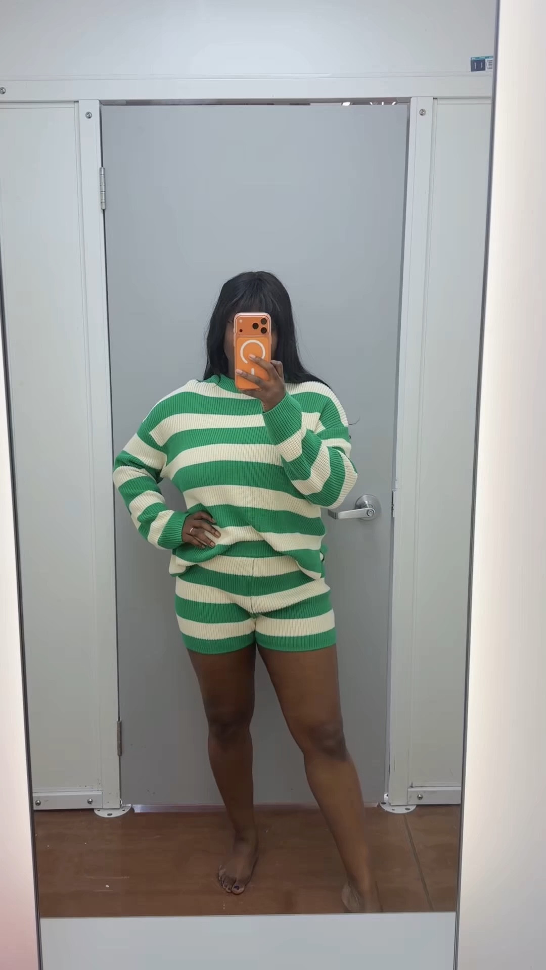 This green knit stripe set is a cute spring outfit and a perfect comfy cute outfit for spring/summer. Cute lounge set, colorful, sweater, shorts  

#LTKootd #LTKgrwm