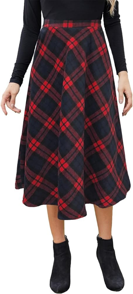 HERBATOMIA Womens Black And Red Midi Plaid Skirt Midi Skirt Outfit Winter Midi Skirt And Sweater | Amazon (US)