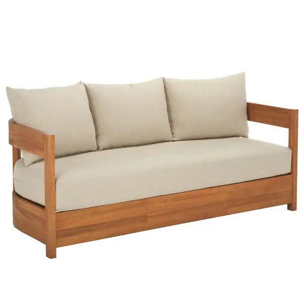 SAFAVIEH Outdoor Patio Furniture Kento Solid Wood 3-Seater Sofa - 66"W x 29"D x 25"H | Bed Bath & Beyond
