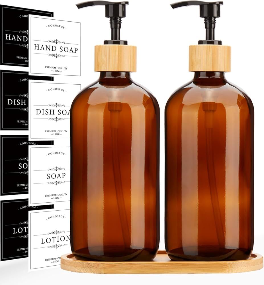 16oz Premium Amber Glass Soap Dispenser with Bamboo Tray and Pump（2 Pack,8 Waterproof Labels）... | Amazon (US)