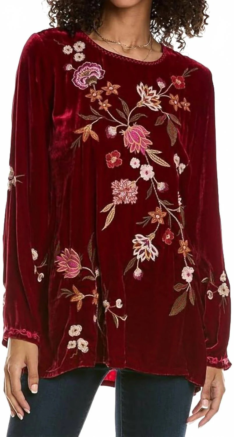 Quinn Velvet Kimono Sleeve Tunic In Rich Red | Shop Simon