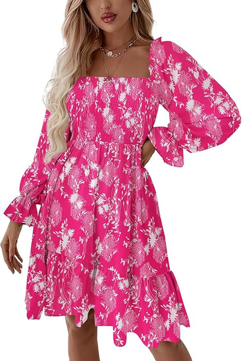 LYANER Women's Square Neck Lantern Long Sleeve Ruffle Shirred Flowy Party Mini Dress | Amazon (US)
