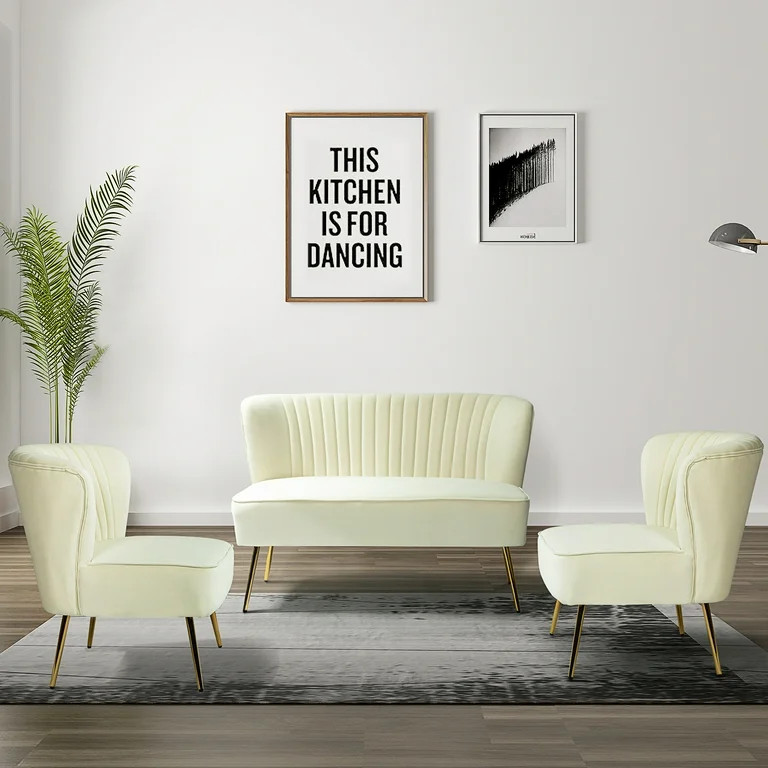 14 Karat Home 3 Piece Velvet Living Room Set with Loveseat & Chairs, Ivory | Walmart (US)