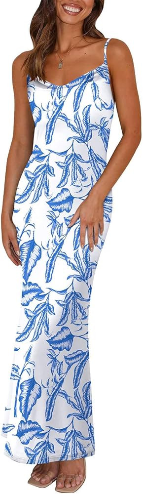 PRETTYGARDEN Sleeveless Summer Dresses for Women 2025 Floral Mesh Bodycon Maxi Dress Spaghetti St... | Amazon (US)