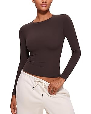 CRZ YOGA Womens Softembrace Long Sleeve Soft Crew Neck Shirts Basic Stretchy Tight T-Shirts Casua... | Amazon (UK)