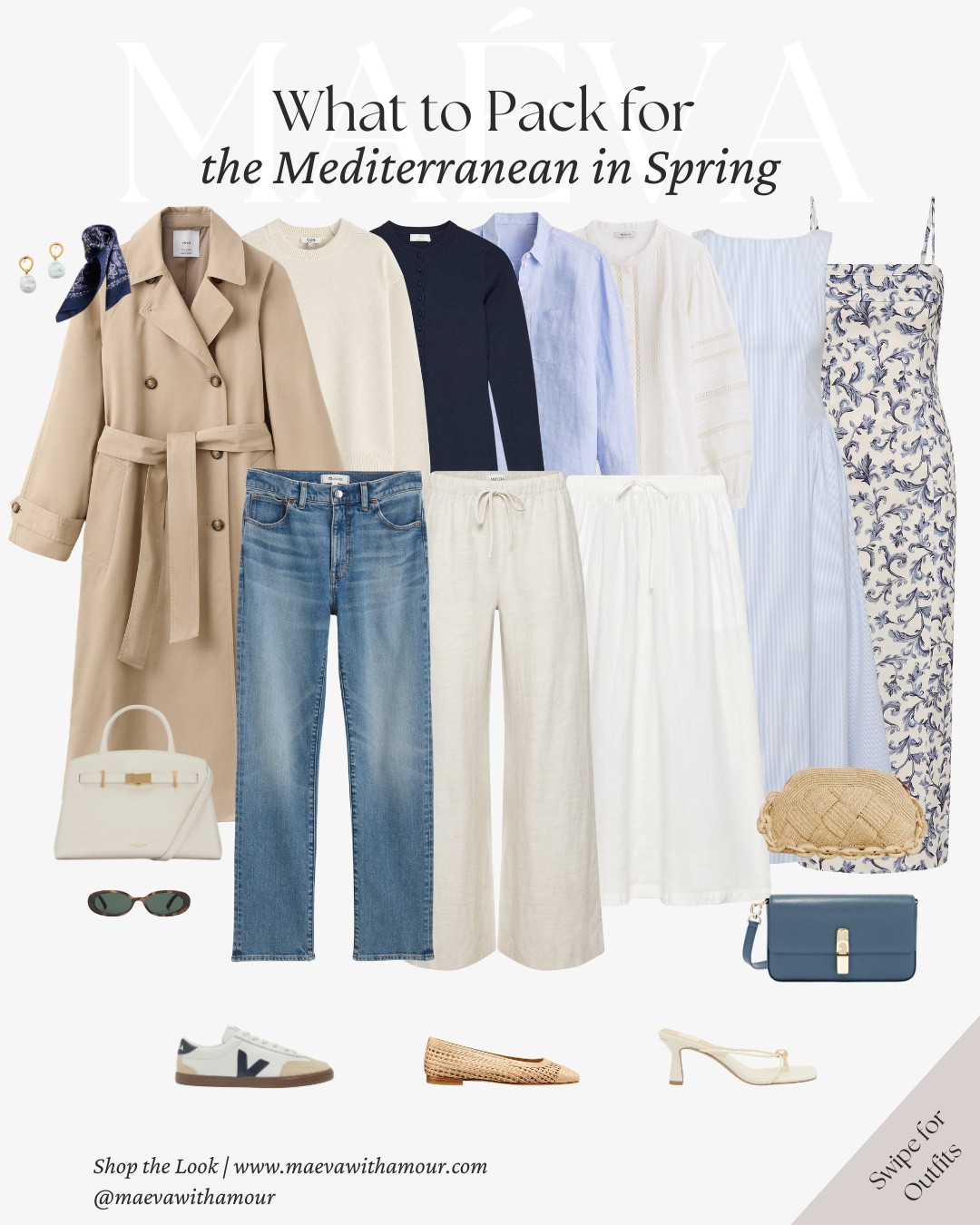 What to Pack for the Mediterranean in Spring 🩵 featuring 15 coastal looks

Spring in the Mediterranean is such a beautiful time to visit, from espresso in a sunlit piazza in Italy, to seaside walks along the Riviera in the South of France, afternoons browsing local markets in Spain, and golden hour dinners overlooking the water in Greece or Portugal ✨ The weather can shift throughout the day, so thoughtful layers and versatile pieces make packing much easier!

For this capsule, I was inspired by the soft blues of the sea paired with timeless neutrals that mix effortlessly together. You can easily swap in your favorite colors, incorporate warmer tones, or replace lighter pieces like white linen with navy, beige, or other shades that feel most aligned with your personal style or travel plans. Even if you’re not traveling, these outfit formulas work beautifully as inspiration for a refined and versatile spring wardrobe 🤍

Packing notes for a Mediterranean spring:

-Build around a cohesive color palette -Choose breathable fabrics like cotton & linen -Bring layers for cooler mornings & evenings -Pack comfortable shoes for walking -Choose pieces that mix easily together -Leave room in your suitcase for special finds along the way

🩵 Love this capsule? Comment SHOP to receive the link, or head to the link in bio to explore the full edit and more

✨ I’ve also shared the full packing guide and personal notes for spring in the Mediterranean over on maevawithamour.com

👉 Save and follow along for more French-inspired style, thoughtful edits, and wardrobe ideas designed to elevate your everyday

With Amour, M.

#capsulewardrobe #packingtips #frenchstyle #travelwardrobe @Margaux @Aritzia @Madewell @SEZANE 

#LTKWedding #LTKTravel #LTKSeasonal