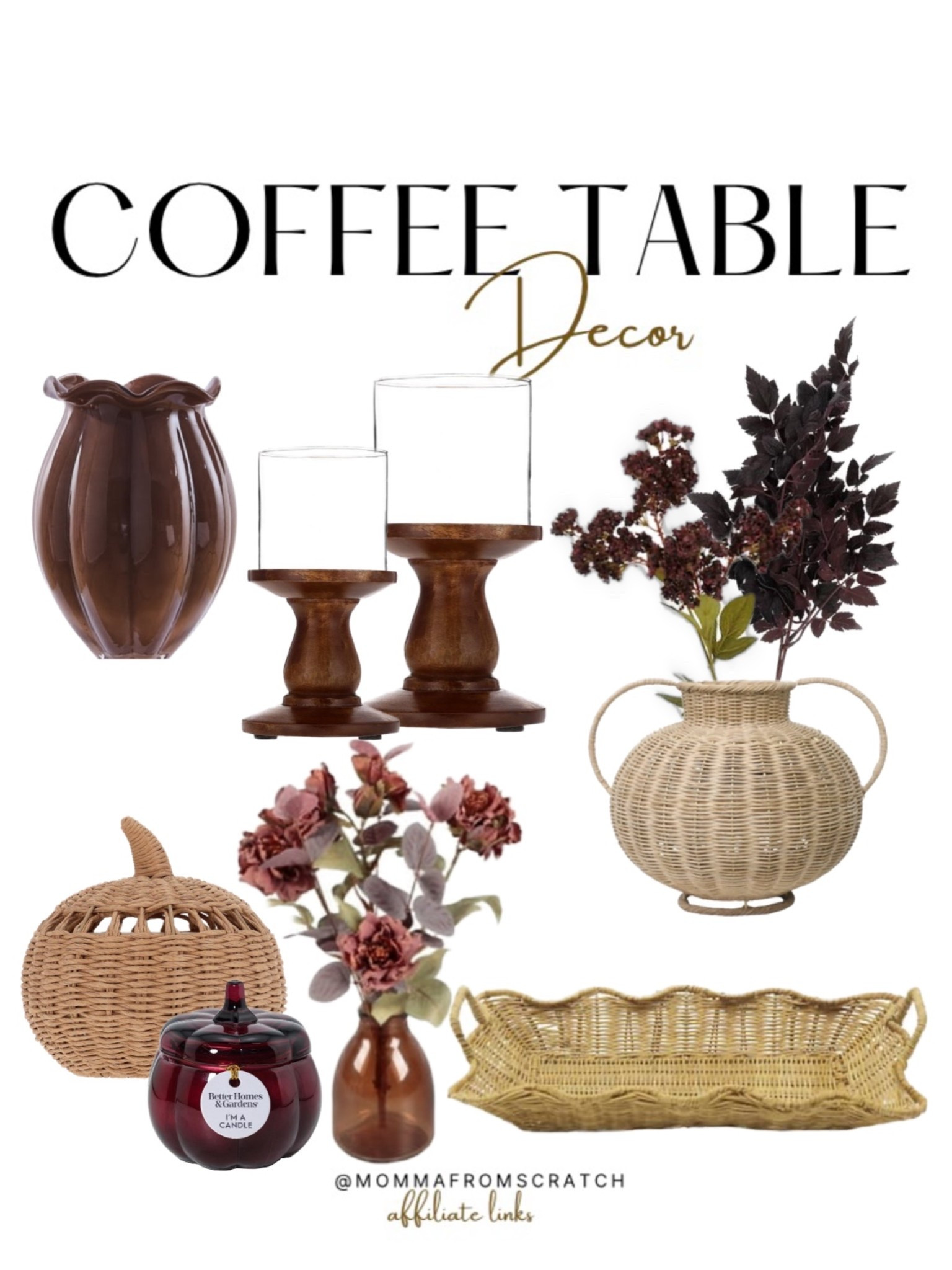 Fall coffee table decor! Rich burgundy hues, dark wood with light wicker trays and vases! Pumpkin candles to give that fall smell to your home.

#LTKSeasonal #LTKHome #LTKSaleAlert