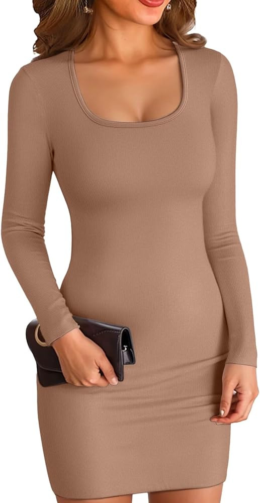 VICHYIE Women Square Neck Ribbed Bodycon Tight Dress Long Sleeve Mid Thigh Pencil Above Knee Dres... | Amazon (US)