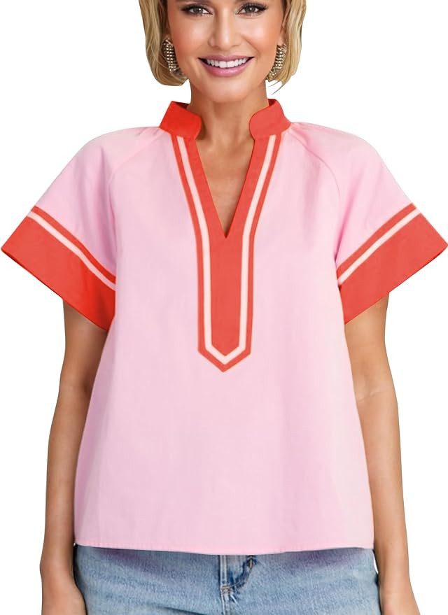 HangNiFang Womens Summer Color Block Shirt Blouse V Neck Short Sleeve Cotton Boho Tunic Tops | Amazon (US)