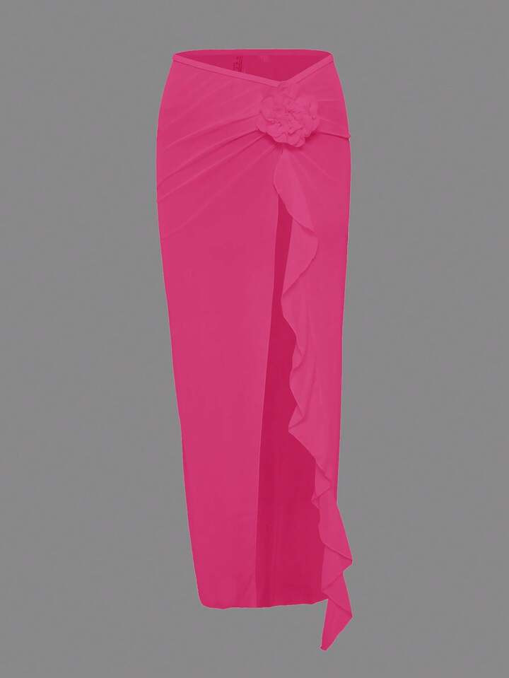 SHEIN X Lily May Mac Summer Beach Women Solid Color 3D Flower Decor Asymmetrical Ruffle Hem High ... | SHEIN