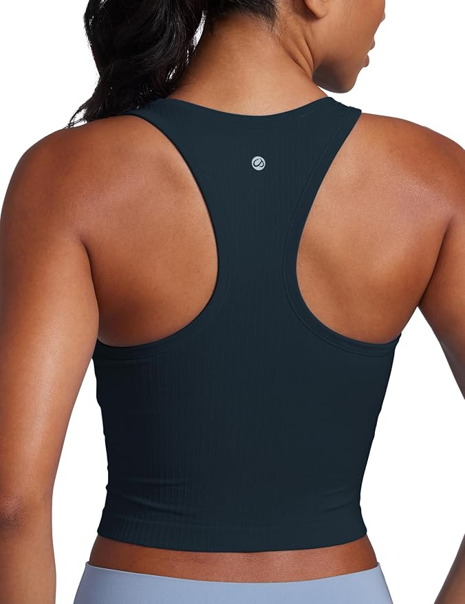 CRZ YOGA Womens Seamless Ribbed Longline High Neck Sports Bra - Racerback Padded Slim Fit Crop Ta... | Amazon (US)