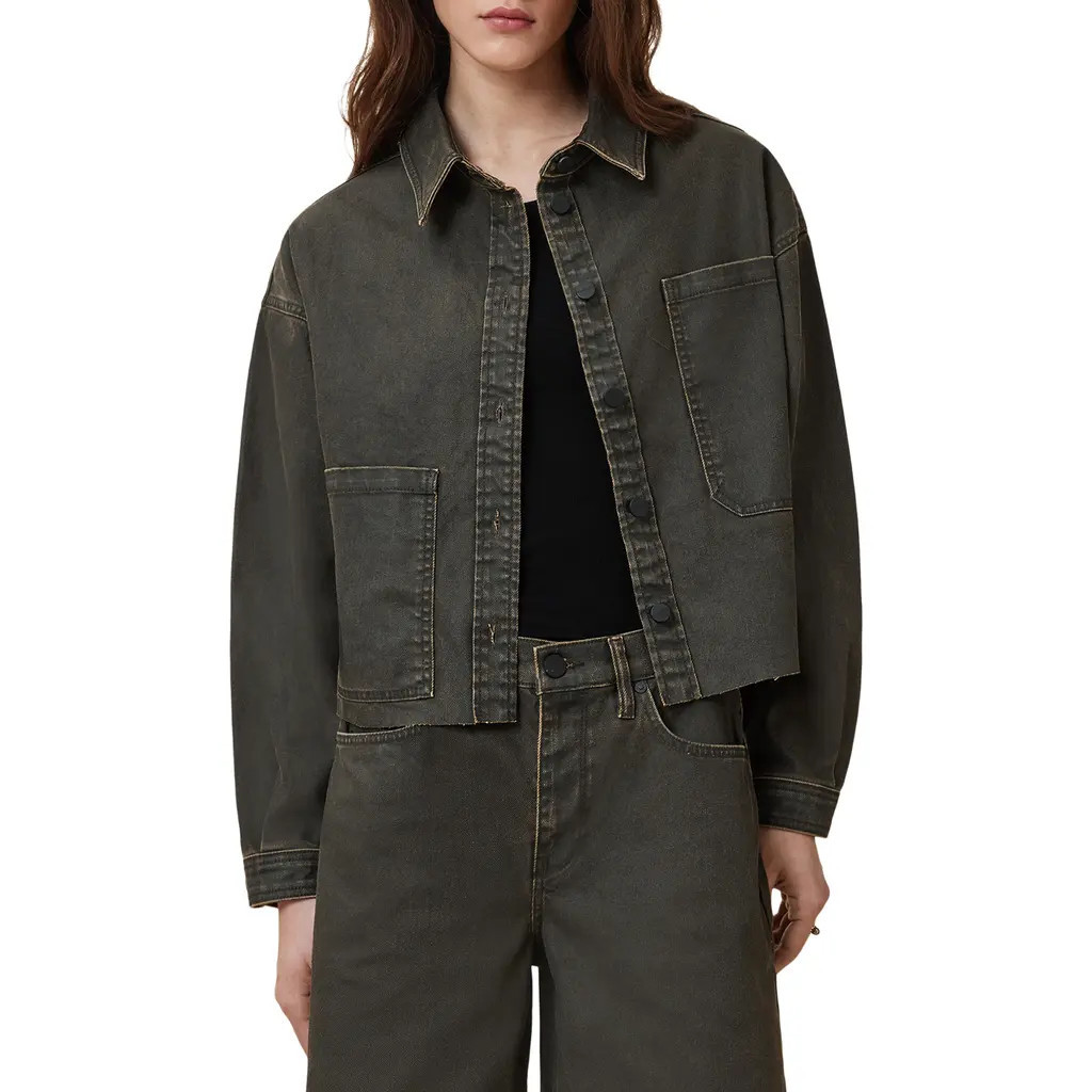 AllSaints Nicky Crop Denim Shacket in Golden Black at Nordstrom, Size Large | Nordstrom
