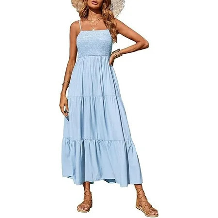 PRETTYGARDEN Women's Summer Maxi Dress Casual Boho Sleeveless Spaghetti Strap Smocked Tiered Long Beach Sundresses | Walmart (US)