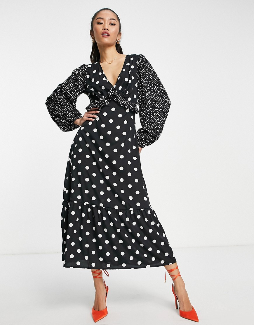 New Look mixed polka dot midi dress with open back in black and white | ASOS (Global)