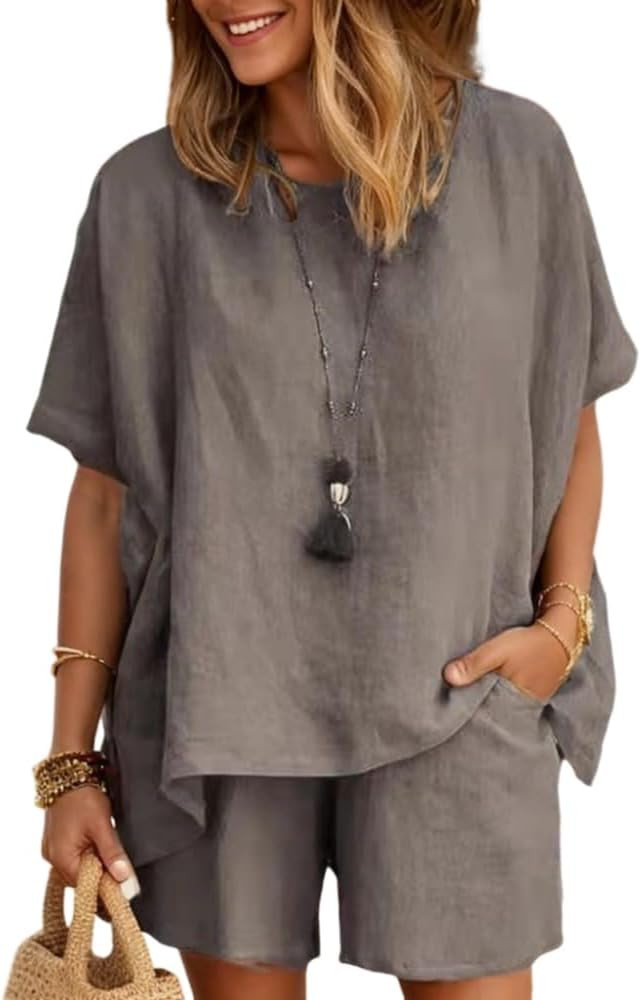 Akivide Two Piece Cotton Linen Outfits for Women Summer Casual Half Sleeve Tops and Loose Shorts ... | Amazon (US)