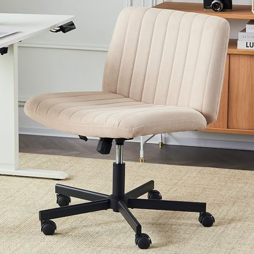 EYYTHUNG Armless Crossed Chair with Wheels Wide Armless Criss Desk Home Office Chair Swivel Fabric Accent Vanity Side Chair Beige | Amazon (US)