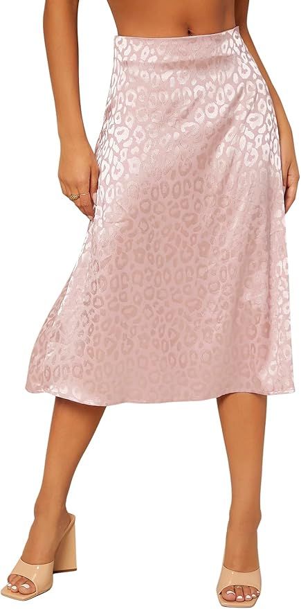 SOLY HUX Women's High Waist Silk Satin Flared A Line Midi Skirt | Amazon (US)